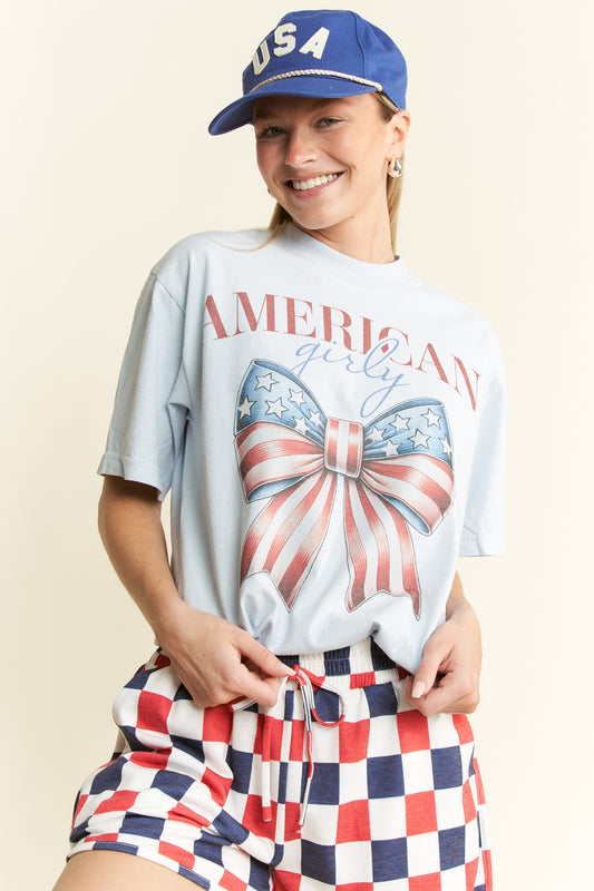 AMERICAN GIRL FLAG RIBBON GRAPHIC ROUND NECK COTTON SHORT SLEEVE T-SHIRT