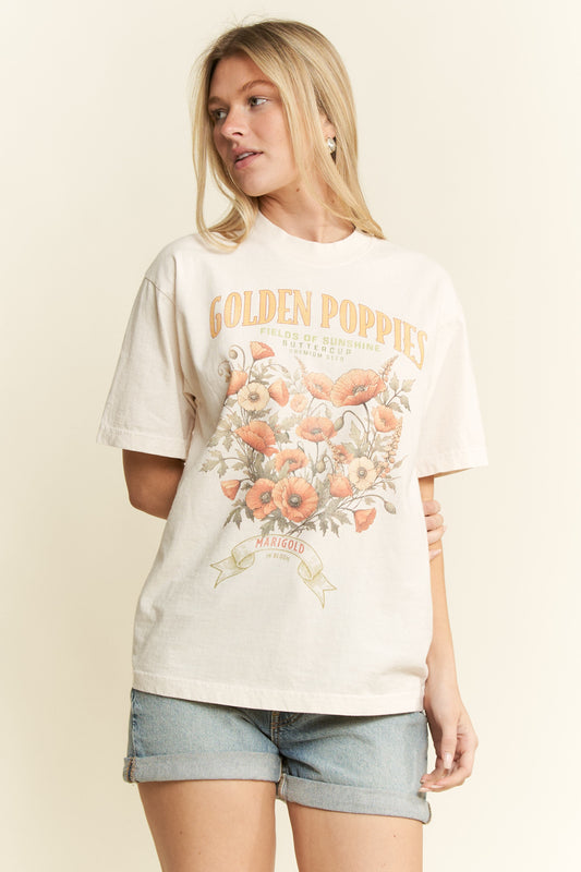 GOLDEN POPPIES GRAPHIC ROUND NECK SHORT SLEEVE T-SHIRT