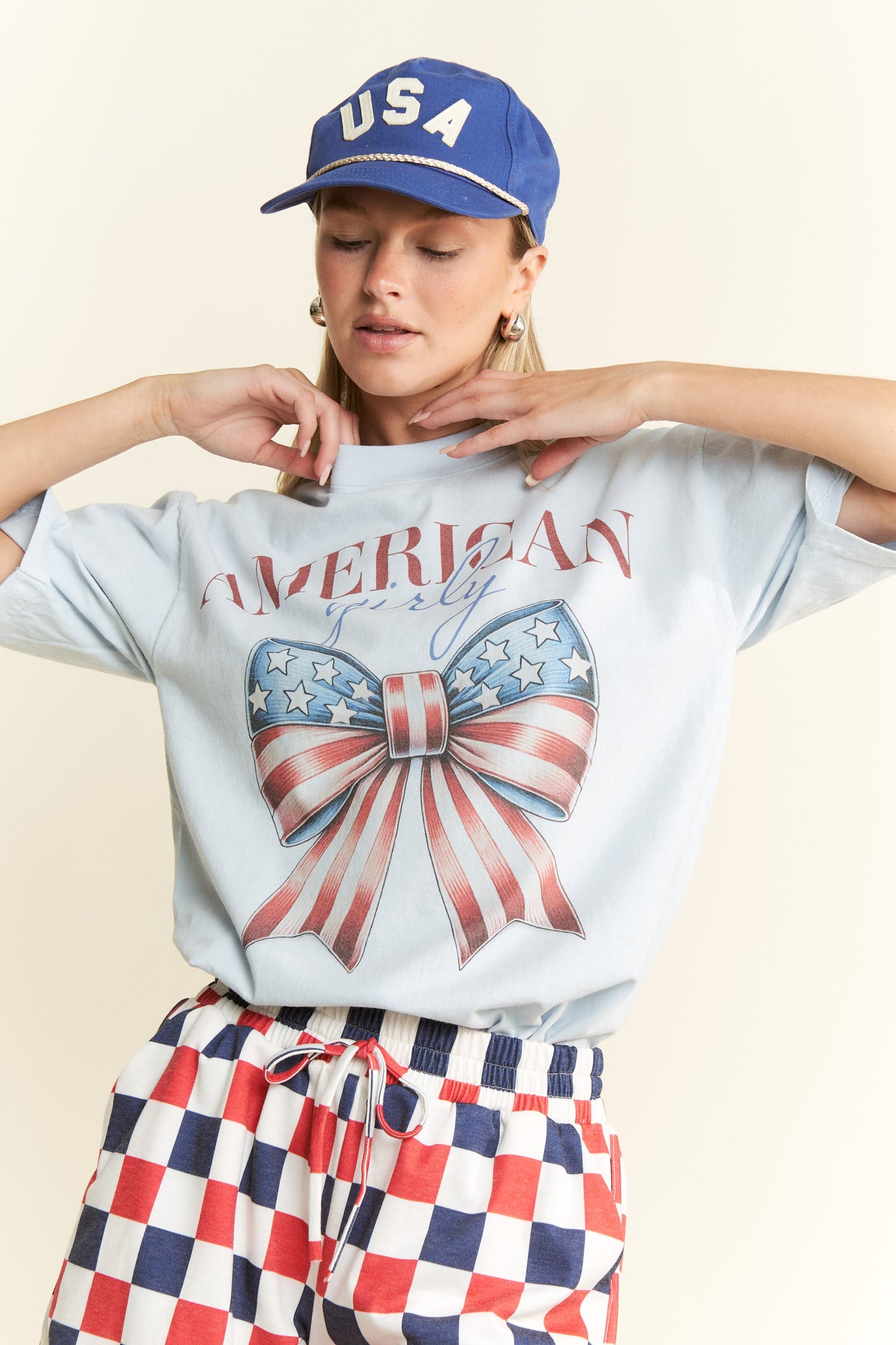 AMERICAN GIRL FLAG RIBBON GRAPHIC ROUND NECK COTTON SHORT SLEEVE T-SHIRT