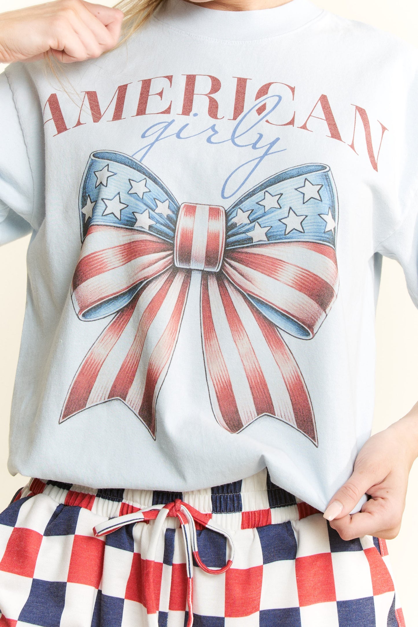 AMERICAN GIRL FLAG RIBBON GRAPHIC ROUND NECK COTTON SHORT SLEEVE T-SHIRT