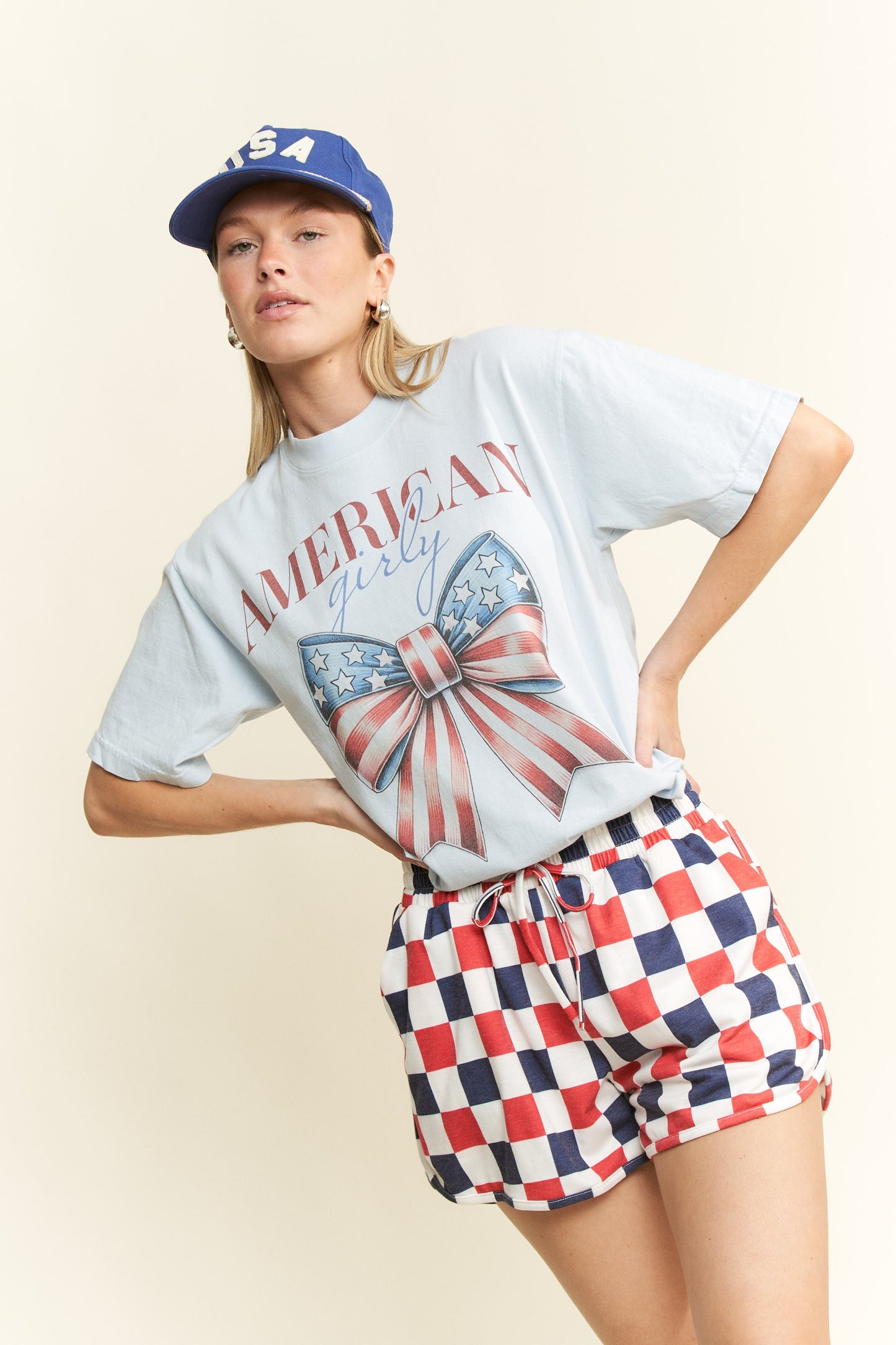 AMERICAN GIRL FLAG RIBBON GRAPHIC ROUND NECK COTTON SHORT SLEEVE T-SHIRT